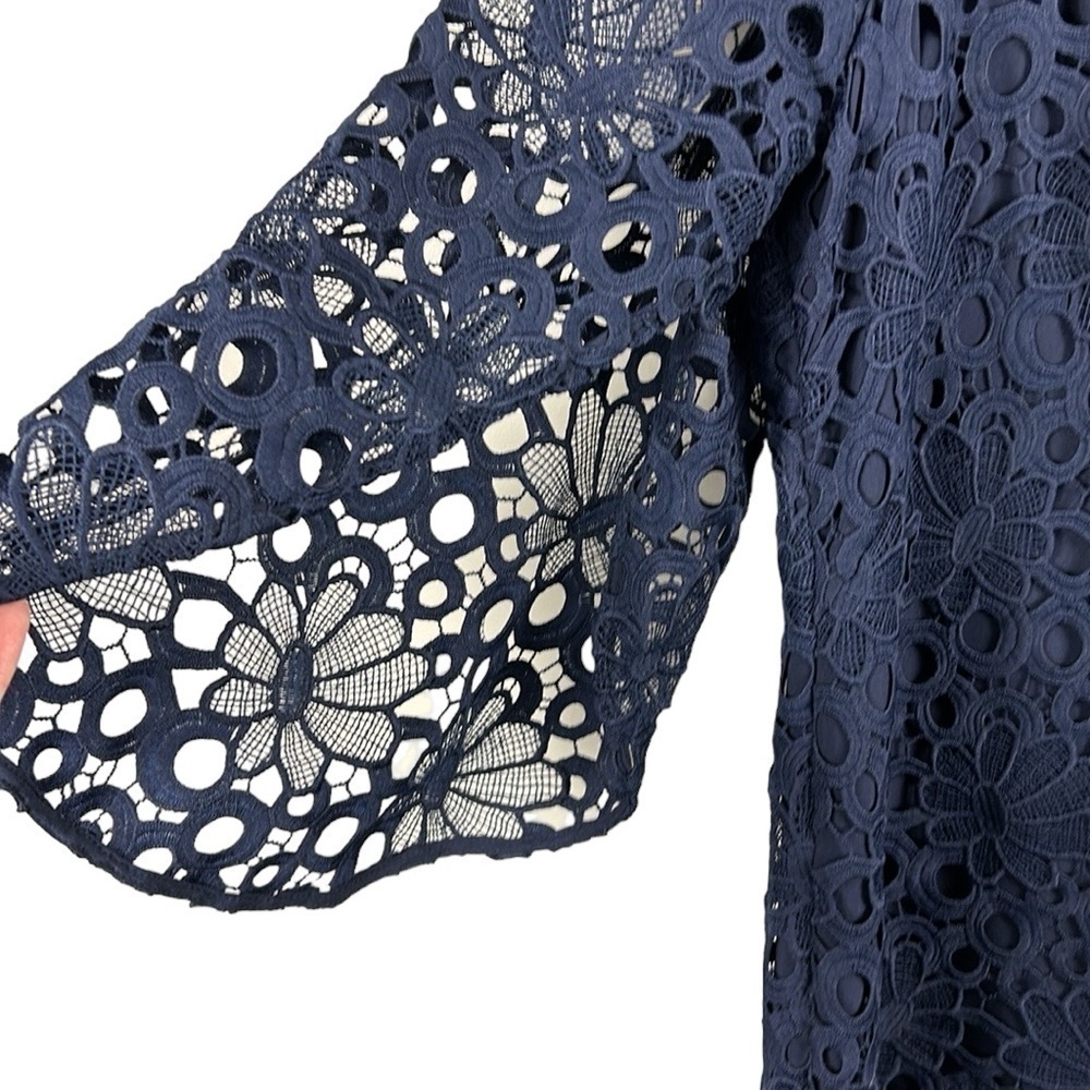 Nanette Lepore Dark Navy Crochet Eyelet Split Bell Sleeve Shift Dress Size 12 - Picture 6 of 10